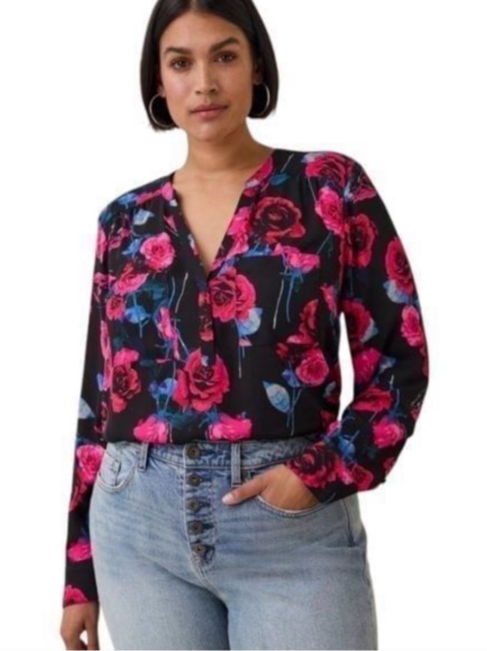 Torrid Harper Long Sleeves Floral Top Size 2X Black Pink & Blue